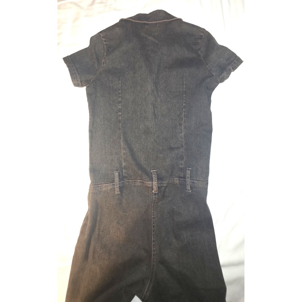 Vtg Bebe Y2K Denim Jumpsuit M Flare Leg Stretch Catsuit McBling Baddie Moto - Picture 11 of 12